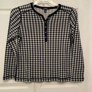 CHAPS Petite Checkered Blue & White Henley Cotton Top Buffalo Plaid